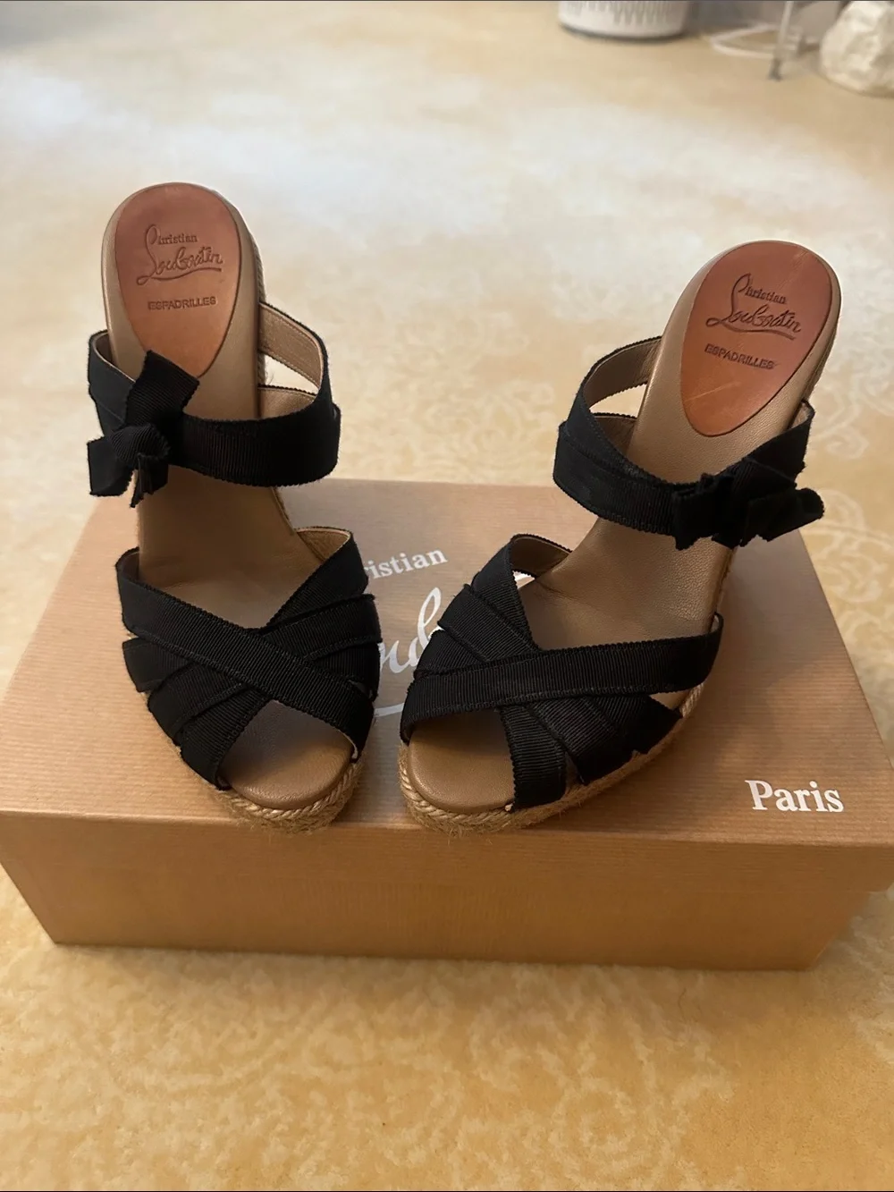 Christian Louboutin Black Espadrille Wedge Sandals with Ankle Tie